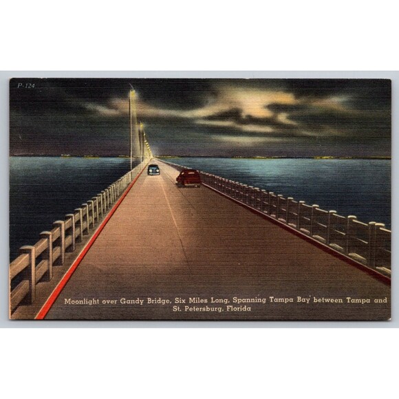Postcard Florida St. Petersburg Tampa Bay Gandy Bridge Moonlight Old Cars c1940s - Picture 1 of 2